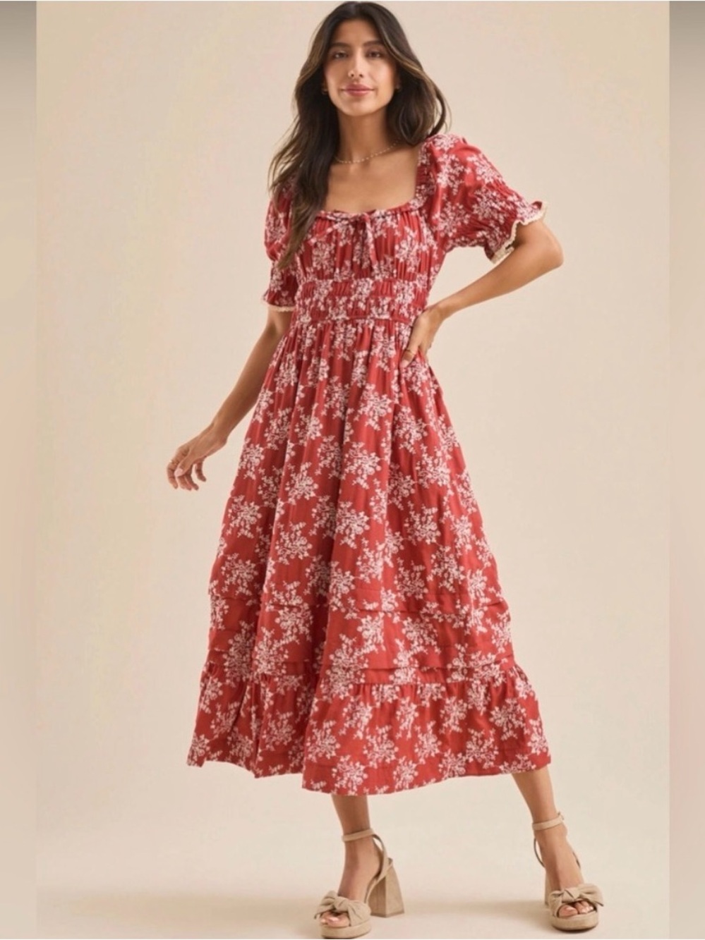 Altar'd State Aura Rust colored Floral Embroidered Smocked Midi Dress
